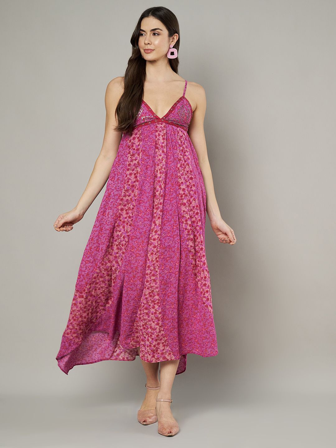

Amagyaa Women Cotton Floral Printed A-Line Midi Dress, Fuchsia