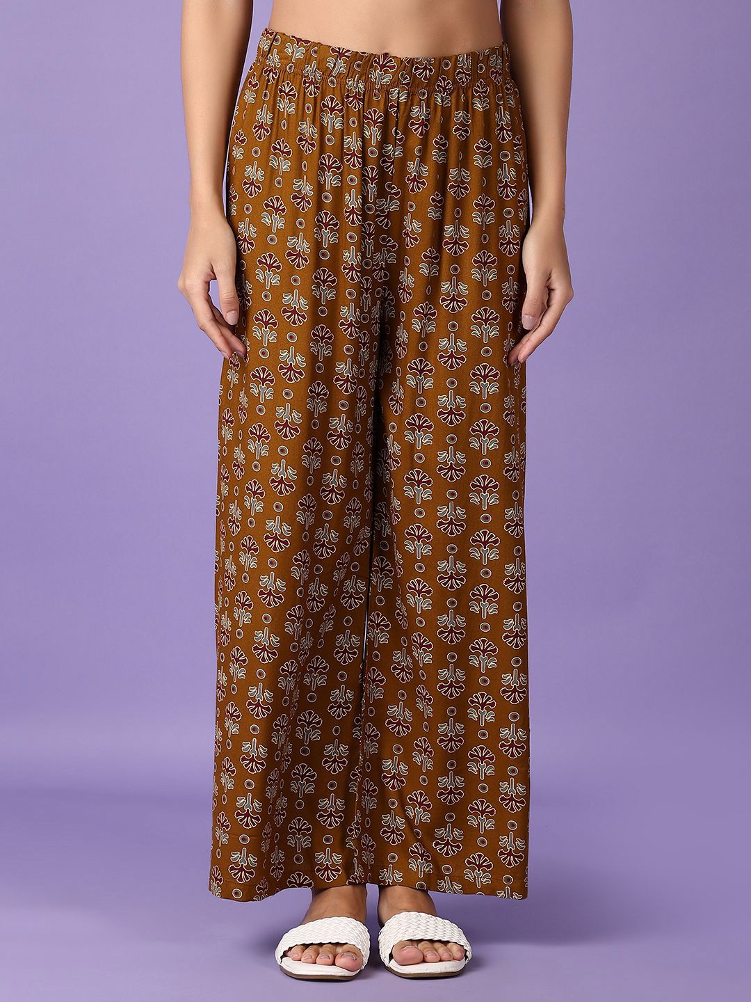 

V-Mart Women Floral Printed Knitted Ethnic Palazzos, Brown