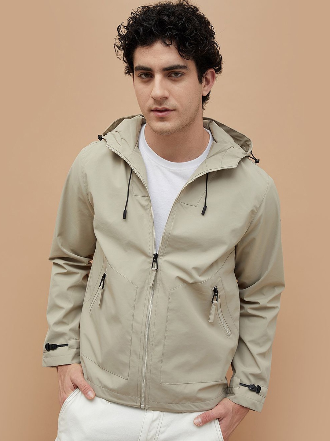 

Forca Men Hooded Solid Casual Sporty Jacket, Beige