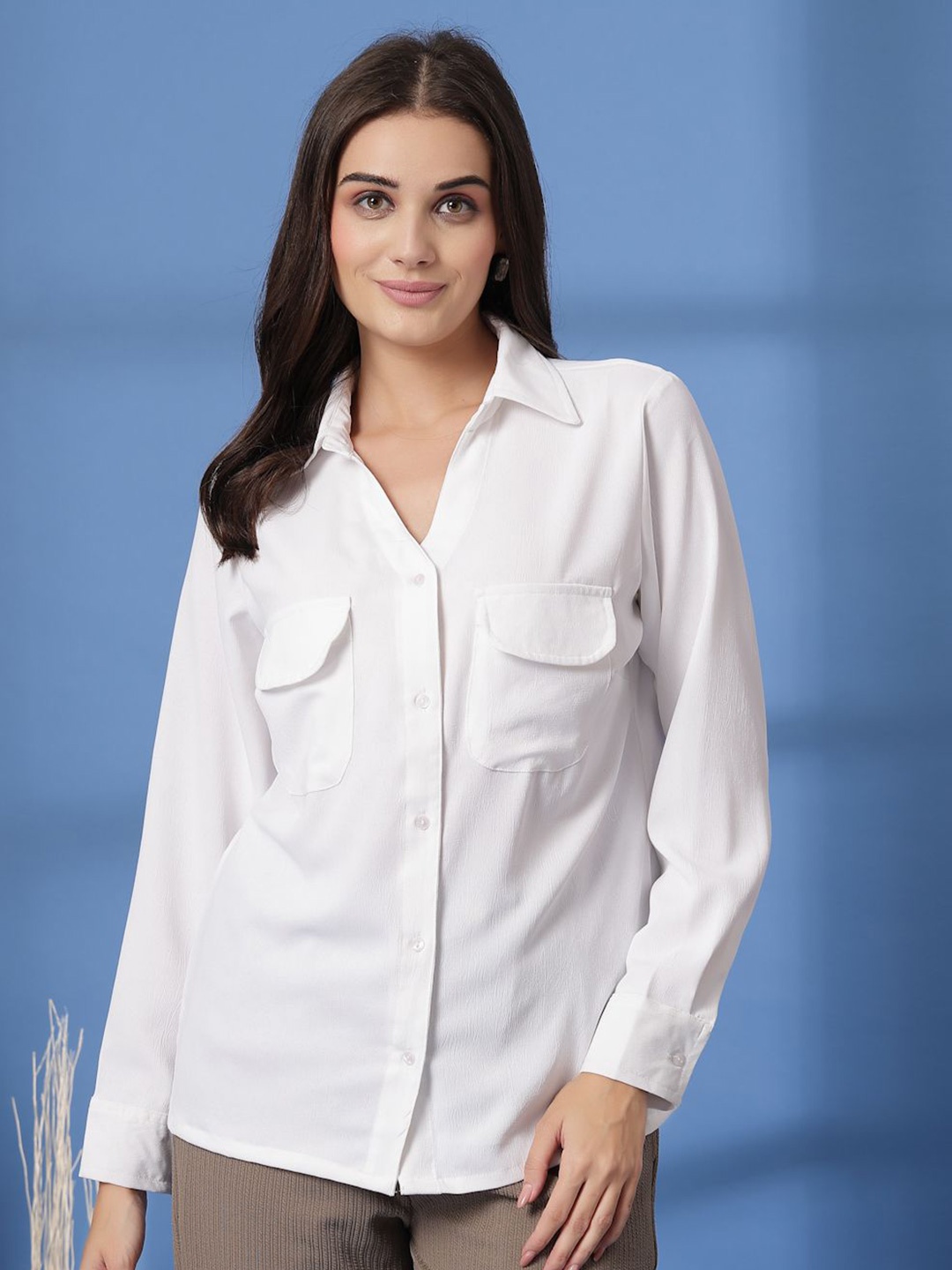 

plusS Women Spread Collar Solid Casual Shirt, White