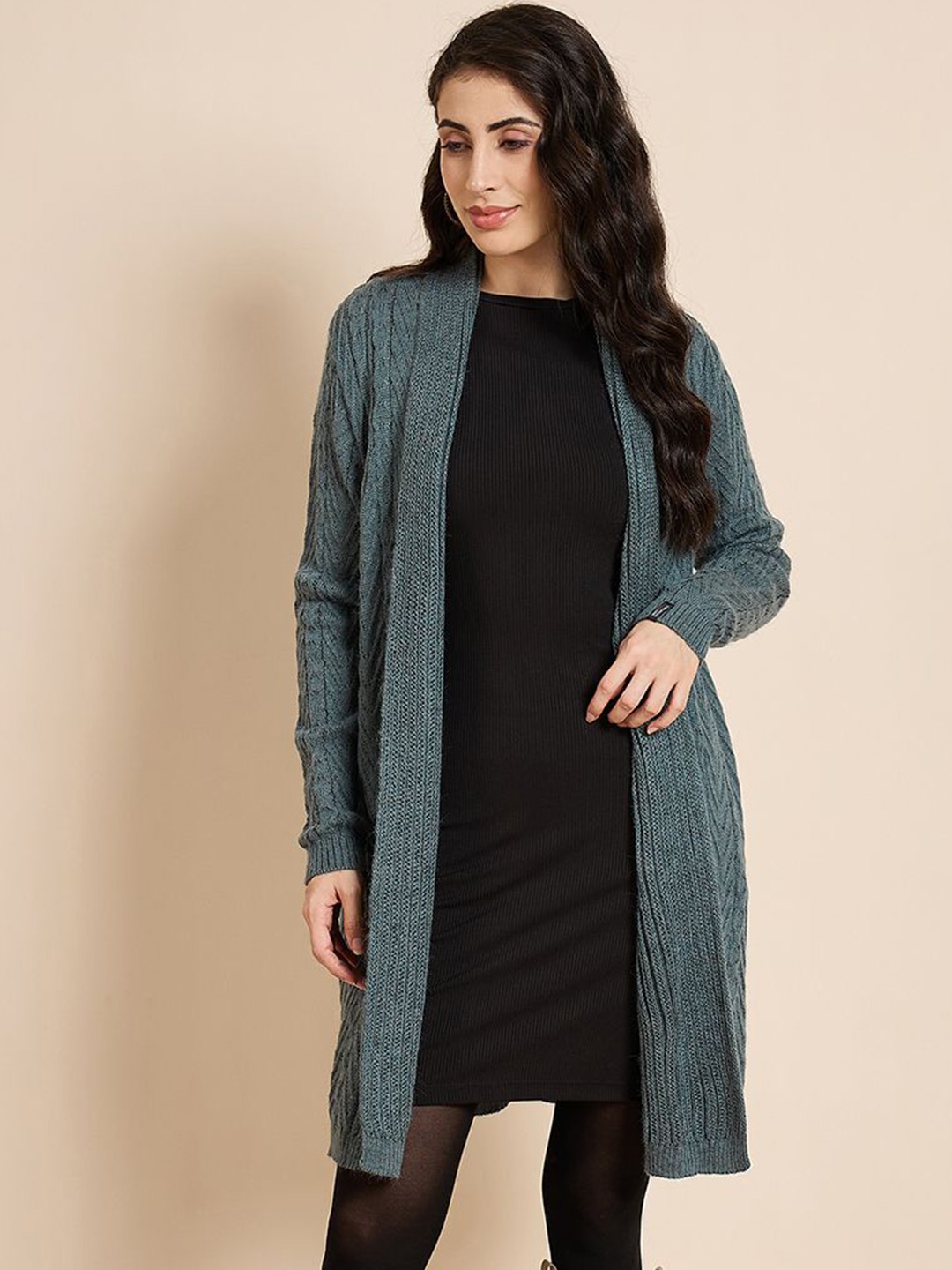 

CREATIVE LINE Self Design Longline Woollen Front Open Shrug, Green