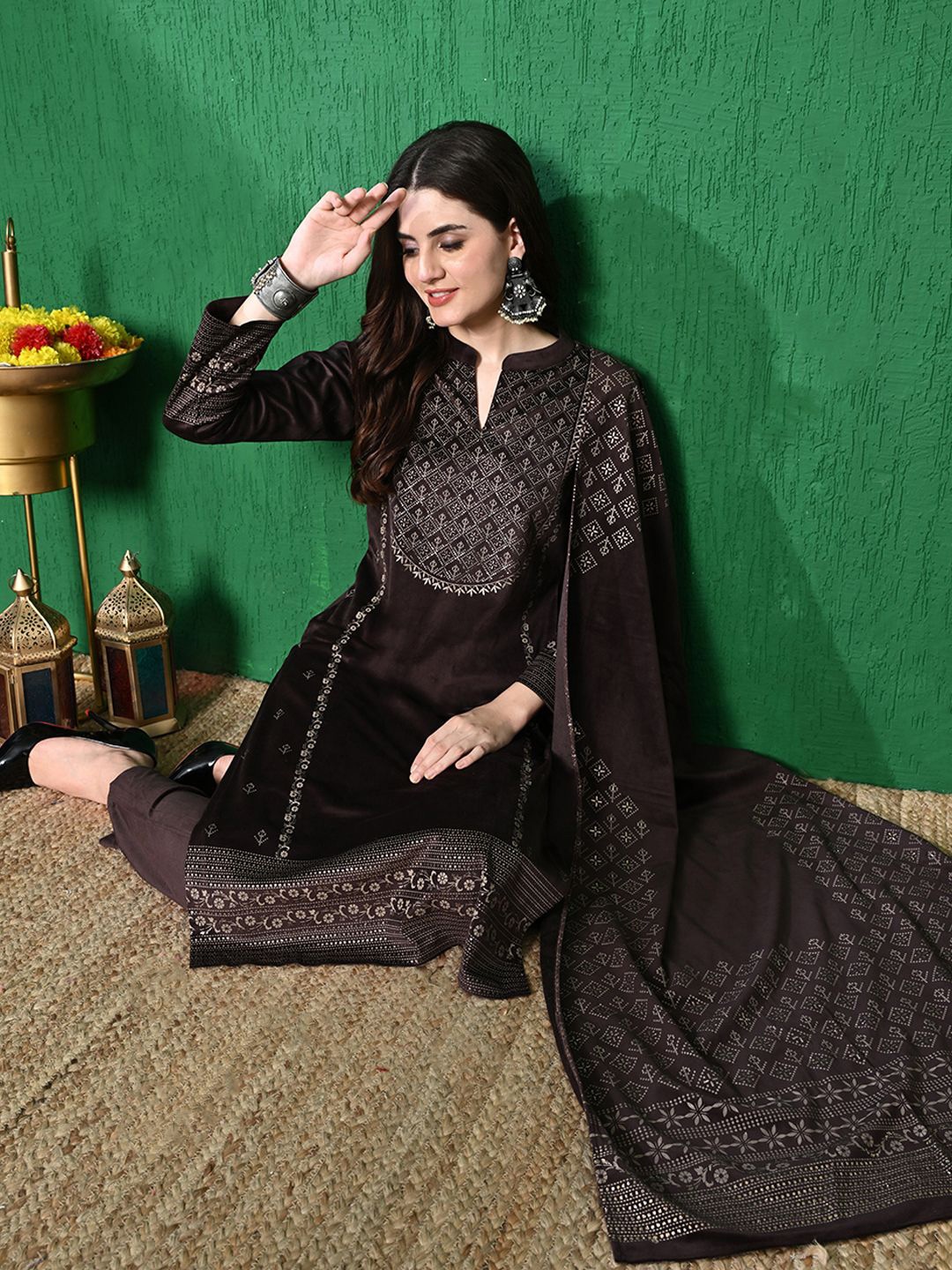 

Sangria Ethnic Motifs Winter Velvet Straight Kurta & Trouser With Dupatta, Coffee brown