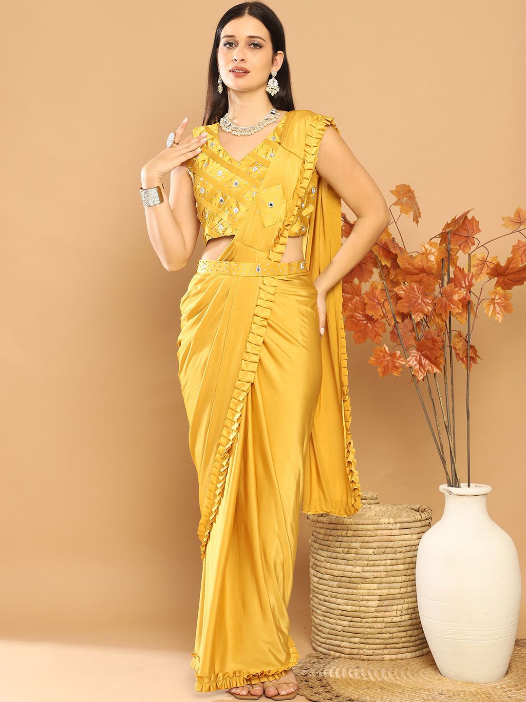 

Mitera Mirror Work Ready to Wear Saree, Yellow