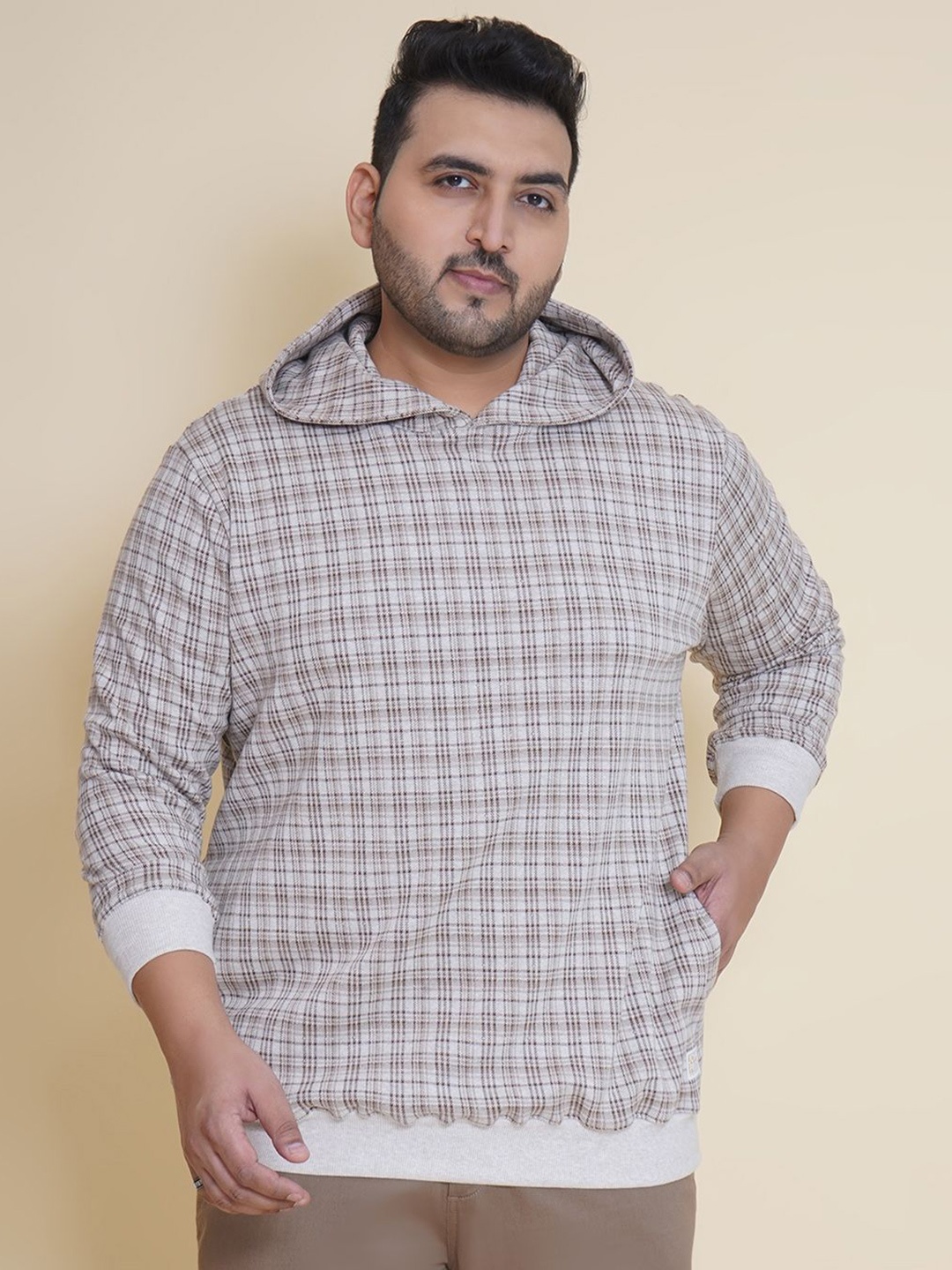 

John Pride Men Checked Hooded Sweatshirt, Beige