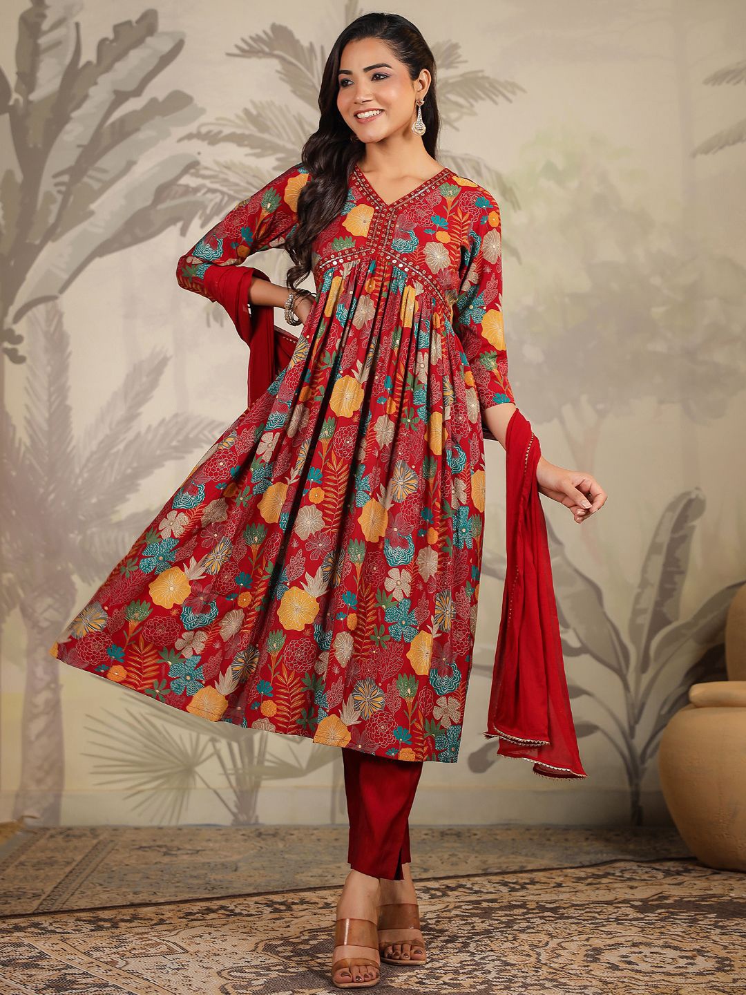 

Janasya Floral Printed Gotta Patti Chanderi Silk A Line Kurta with Trousers & Dupatta, Maroon