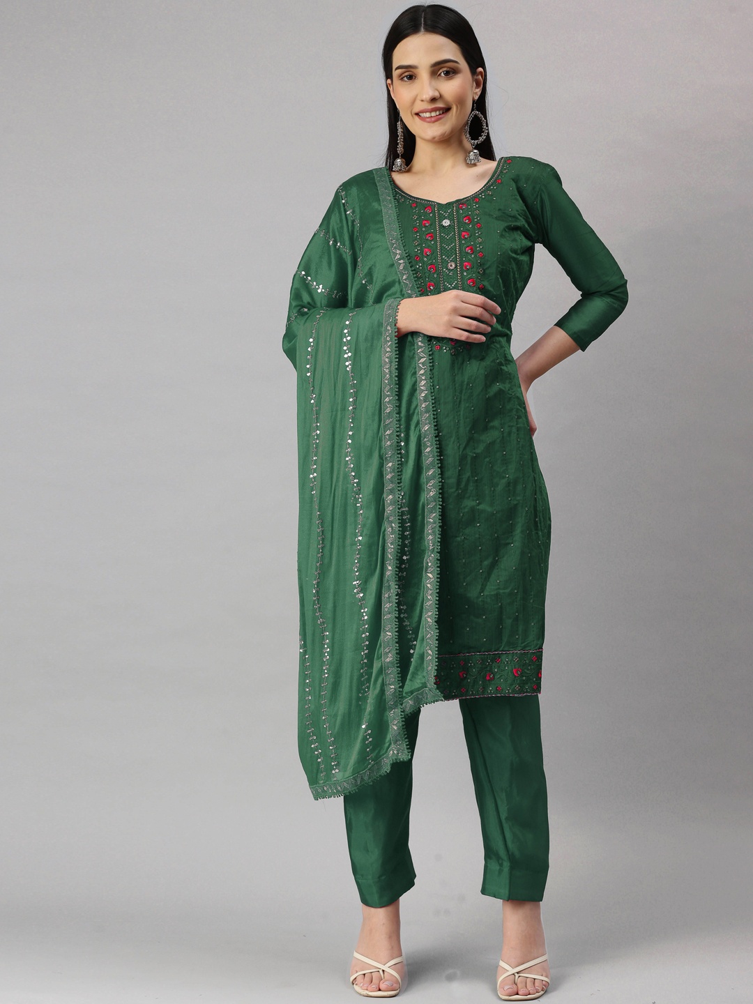 

Maroosh Embroidered Sequinned Unstitched Dress Material, Green