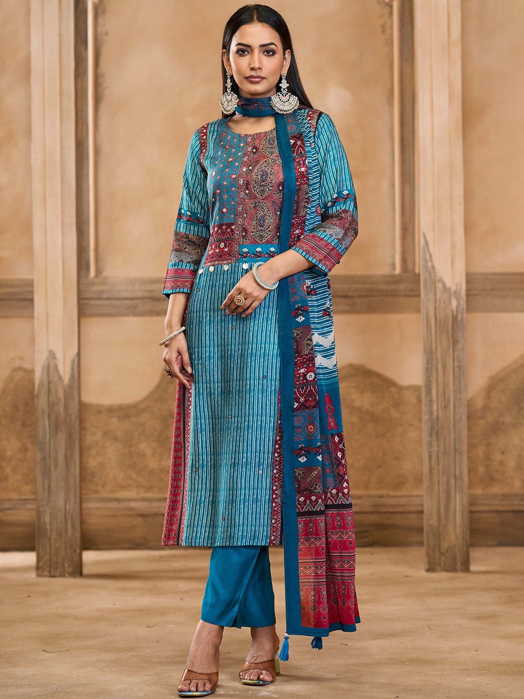 

all about you Ethnic Motifs Printed Linen Straight Kurta with Trouser & Dupatta, Sea green