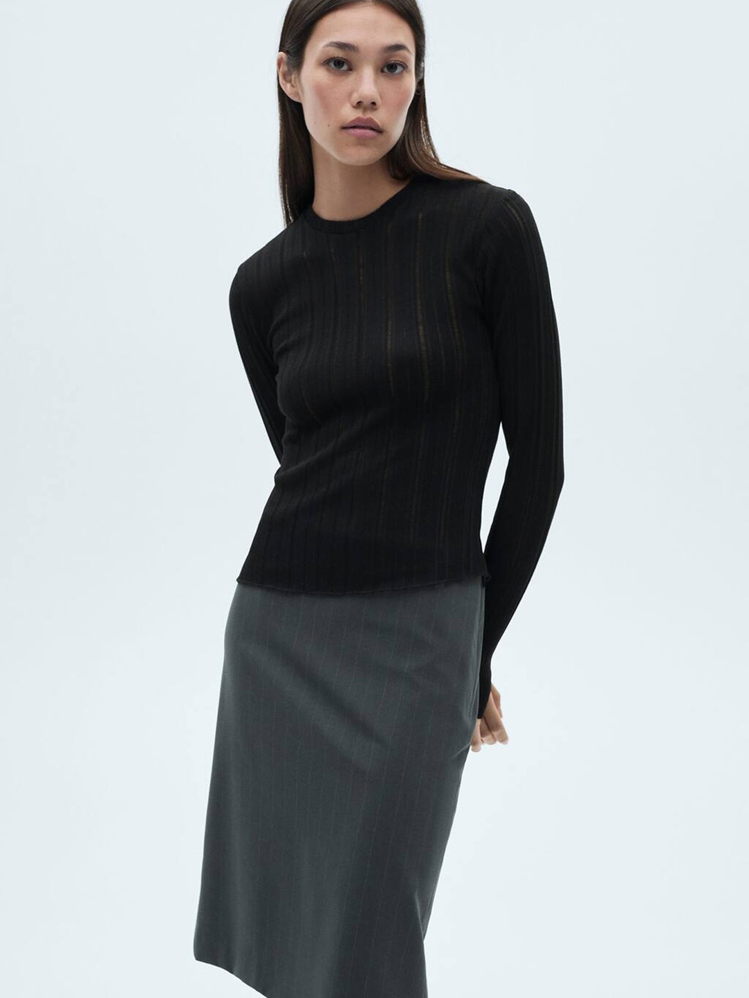 

MANGO Full Sleeve Ribbed T-shirt, Black