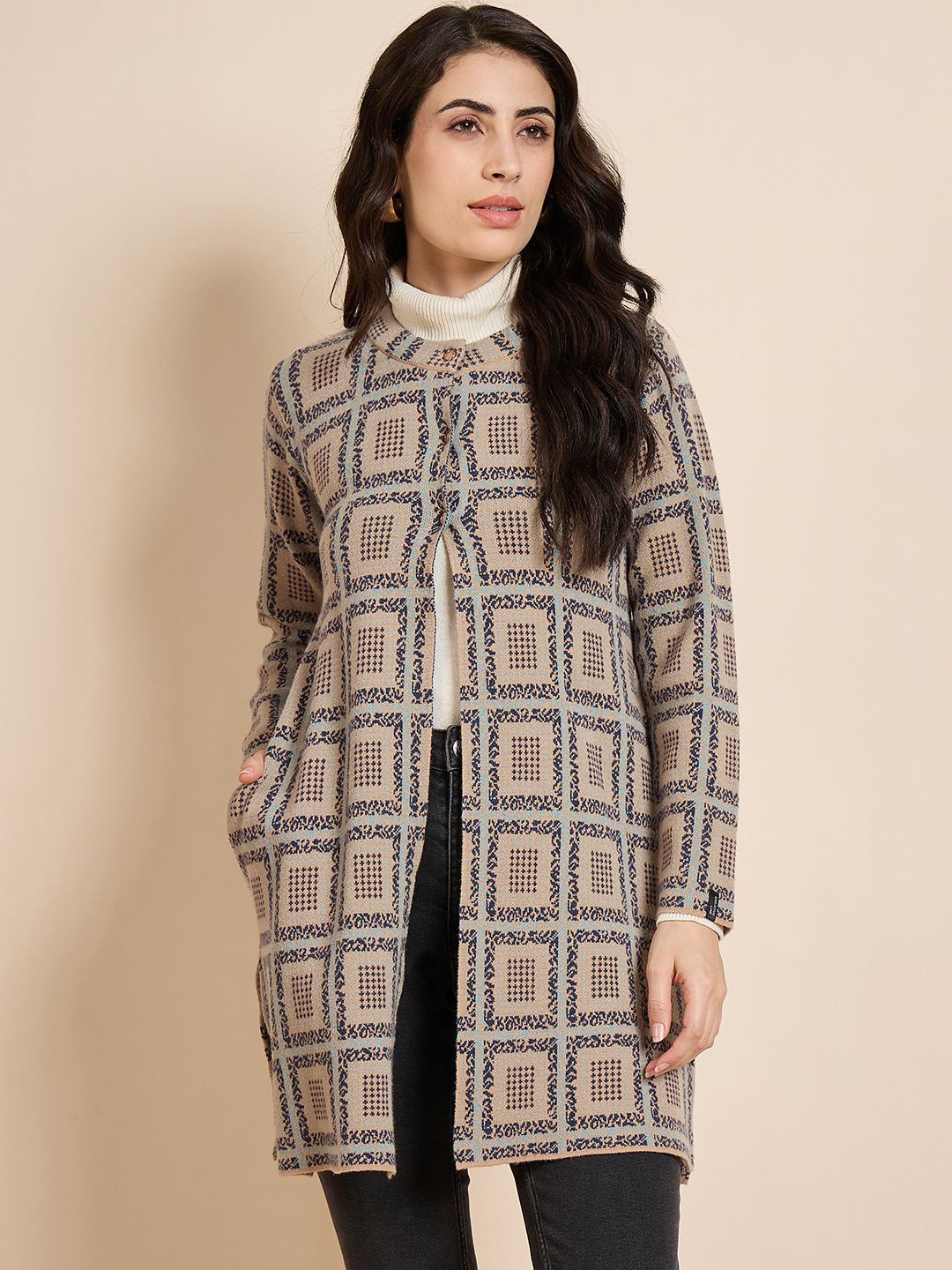 

CREATIVE LINE Self Design Longline Button Shrug, Grey