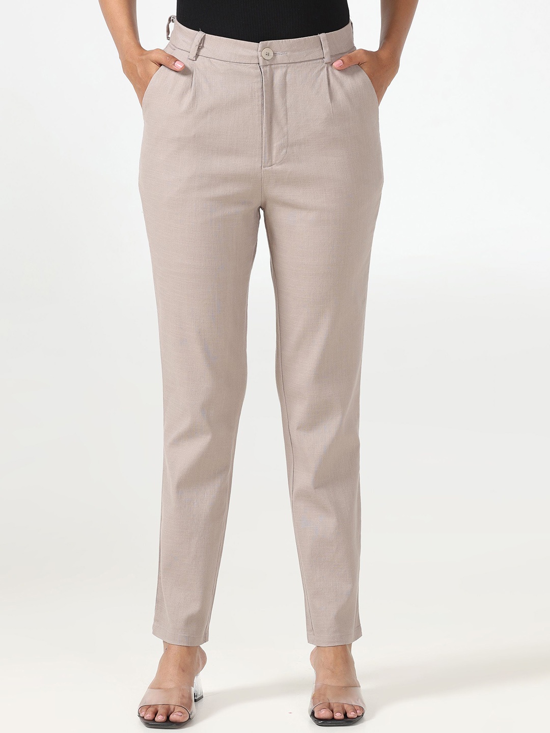 

URBAN POCHE Women Tapered Fit High-Rise Formal Trousers, Beige