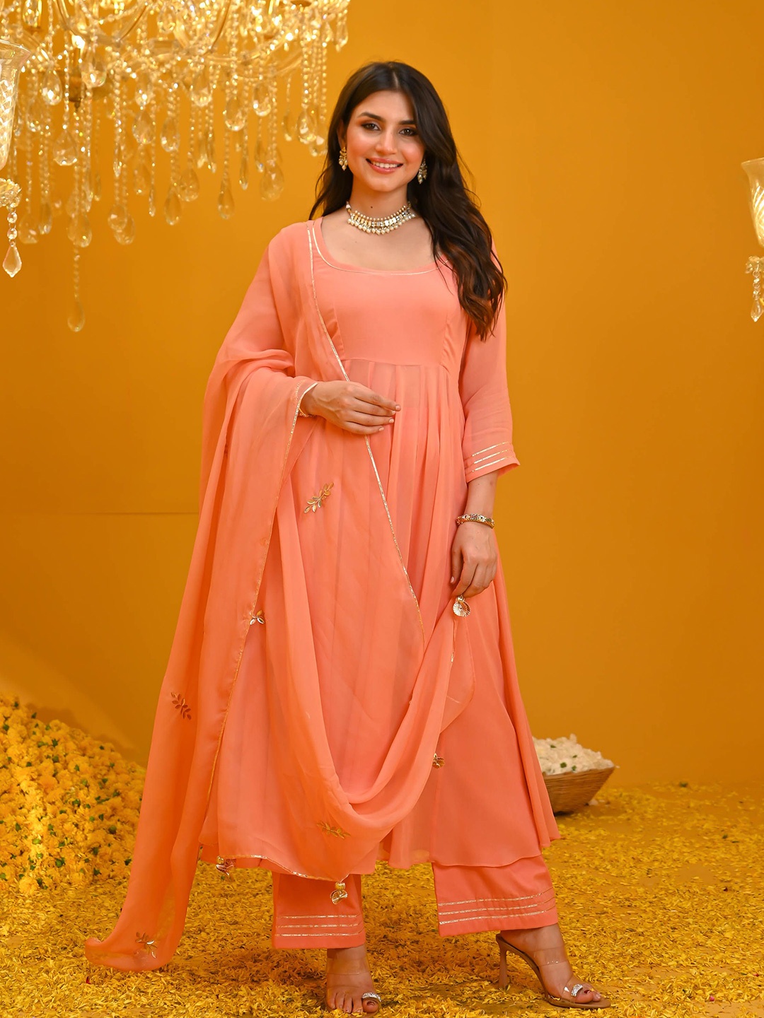 

Bunaai Round Neck Sequinned Anarkali Kurta With Trousers & Dupatta, Peach