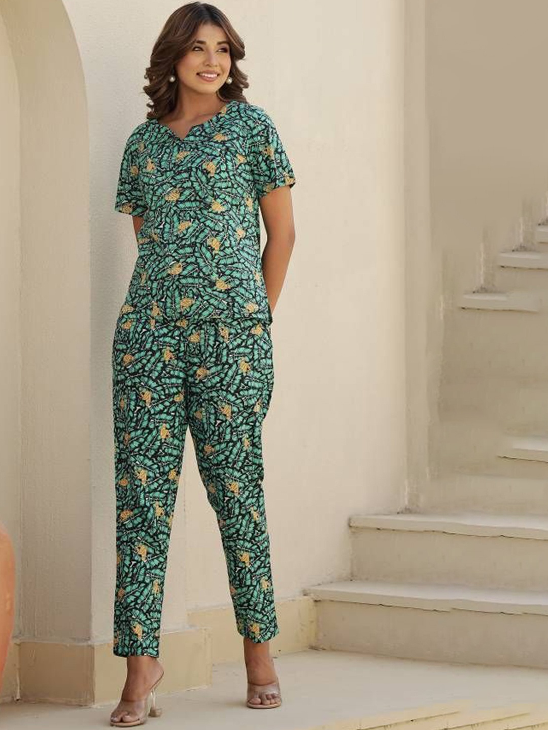

FLAVIA CREATION Printed Pure Cotton Top With Trouser, Green