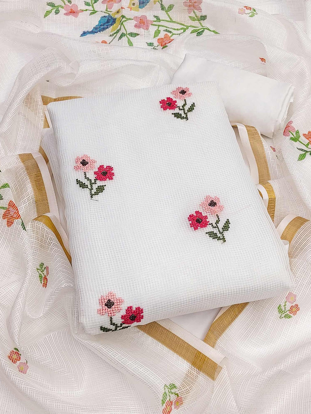 

Peachmode Floral Embroidered Kota Doria Unstitched Dress Material, White