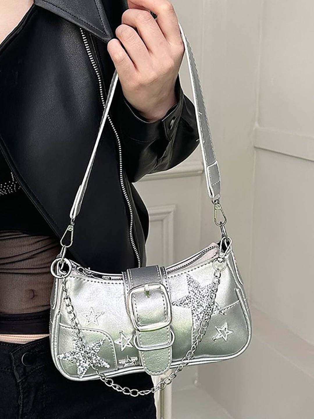 

StyleCast x Revolte Women Embellished Swagger Shoulder Bag, Silver