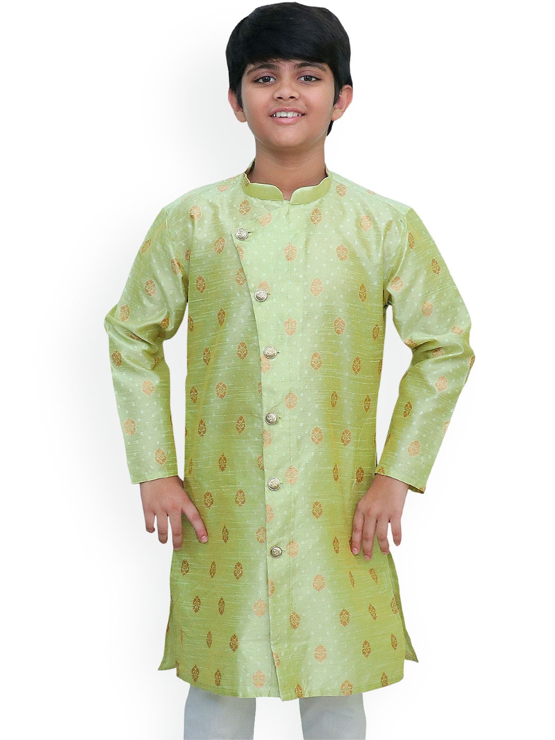 

BAESD Boys Floral Embroidered Thread Work Jacquard Kurta, Green