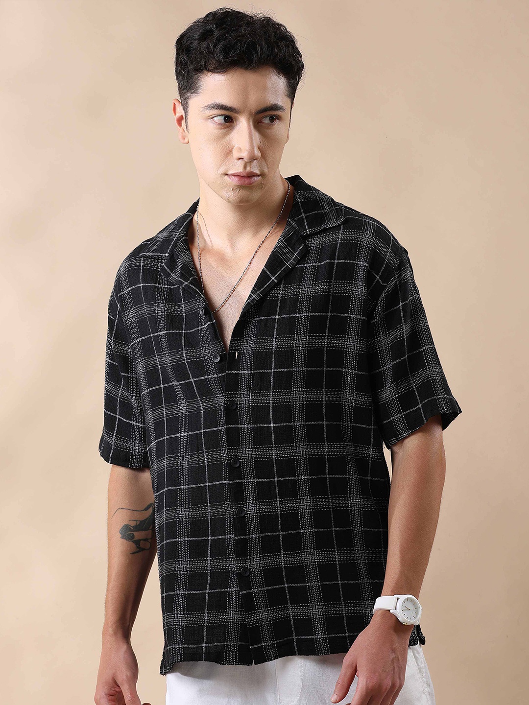 

HOUSE OF MAHNOTS Men Relaxed Cuban Collar Tartan Checked Linen Oversized Casual Shirt, Grey