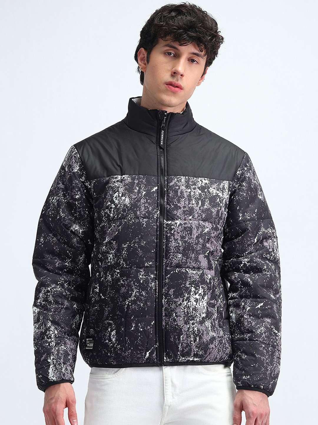 

Flying Machine Men Mock Collar Abstract Printed Casual Padded Jacket, Black