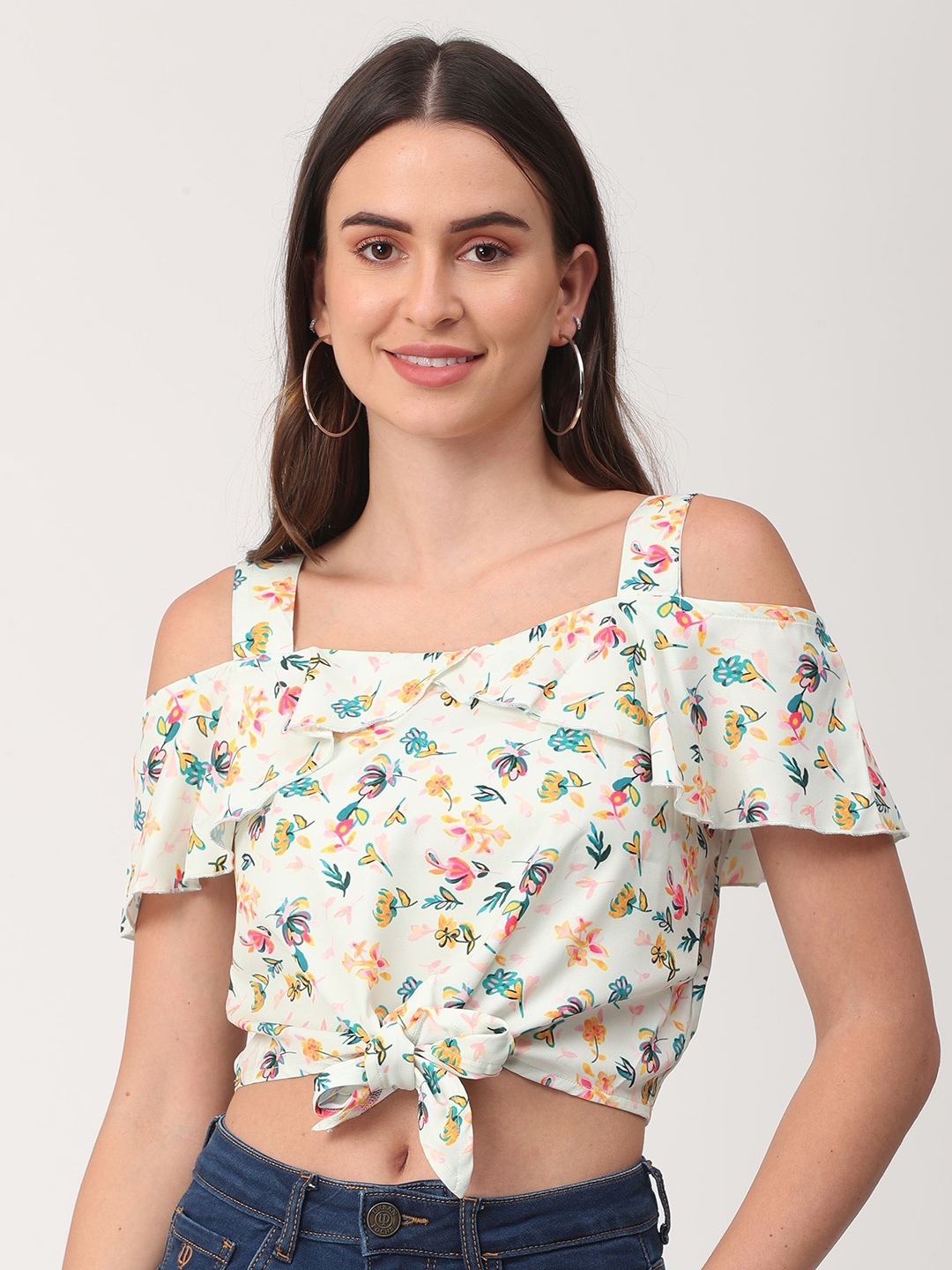 

URBAN POCHE Women Floral Printed Cold-Shoulder Crepe Top, White
