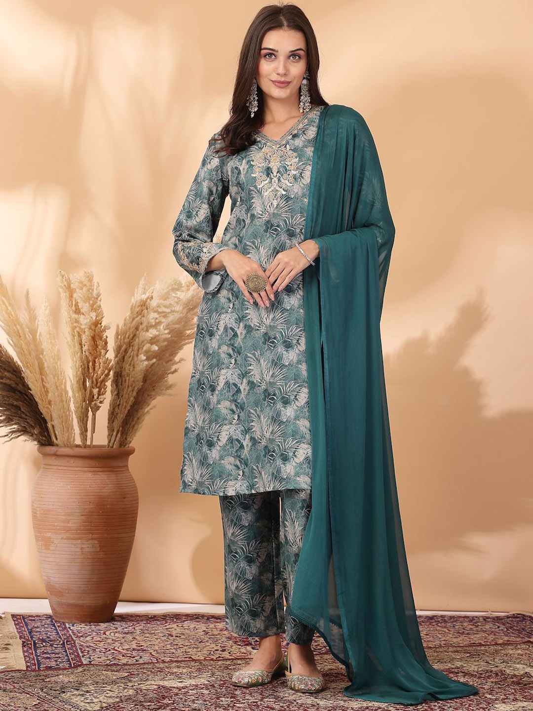 

Nayam By Lakshita Floral Printed Kurta With Palazzos & Dupatta, Green