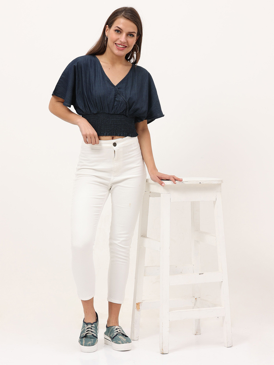 

URBAN POCHE Women Smocked Blouson Cotton Denim Crop Top, Blue