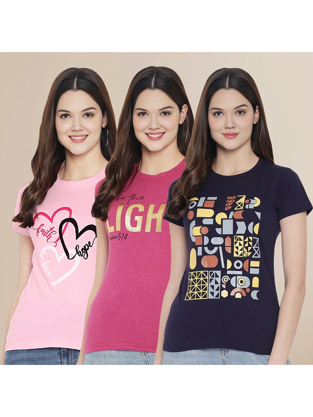 

Metronaut Women Pack Of 3 Typography Printed Round Neck Cotton T-shirts, Pink