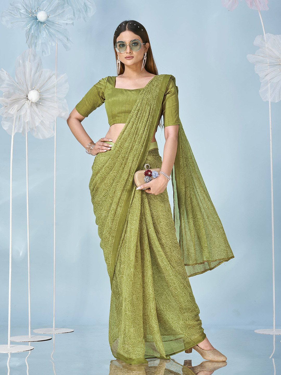 

AMOHA TRENDZ Printed Pure Chiffon Ready to Wear Saree, Green