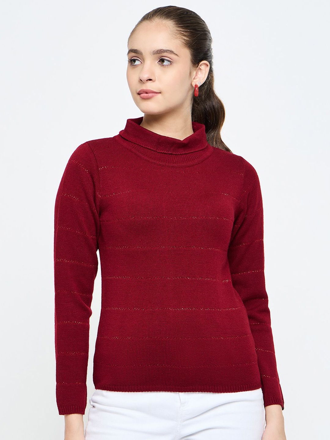 

CREATIVE LINE Women Self Design Woollen High Neck Long Sleeves Winter Top, Maroon