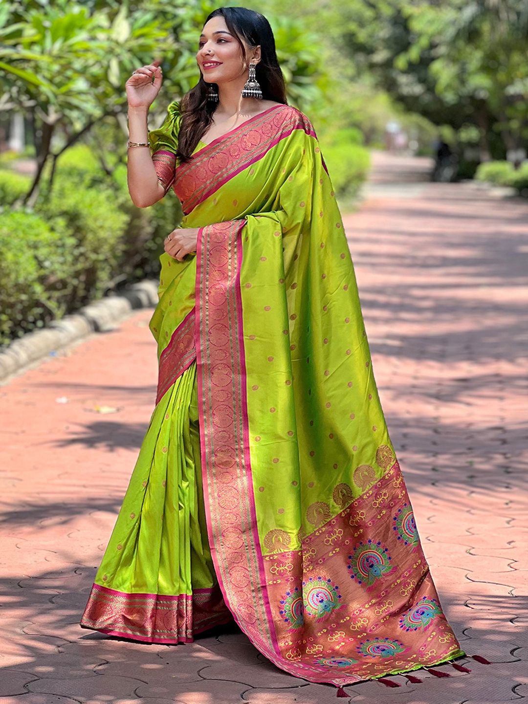 

Mitera Woven Design Zari Paithani Saree, Green
