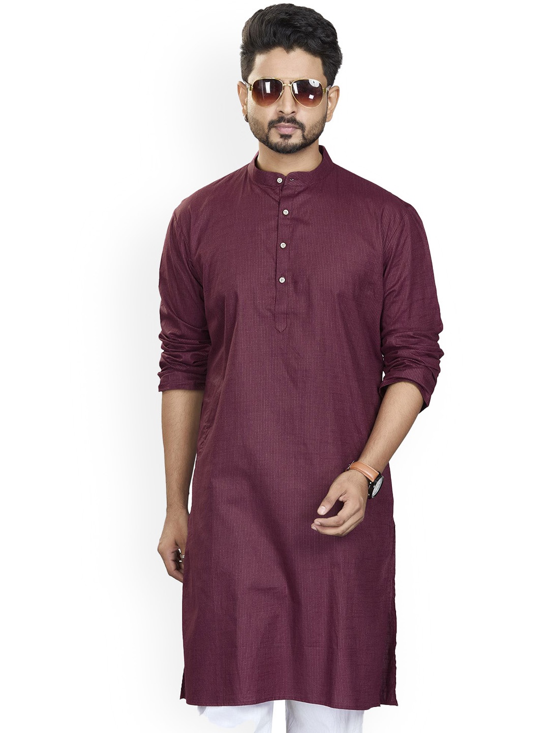 

Authentics Striped Band Collar Long Sleeves Regular Pure Cotton Straight Kurta, Red