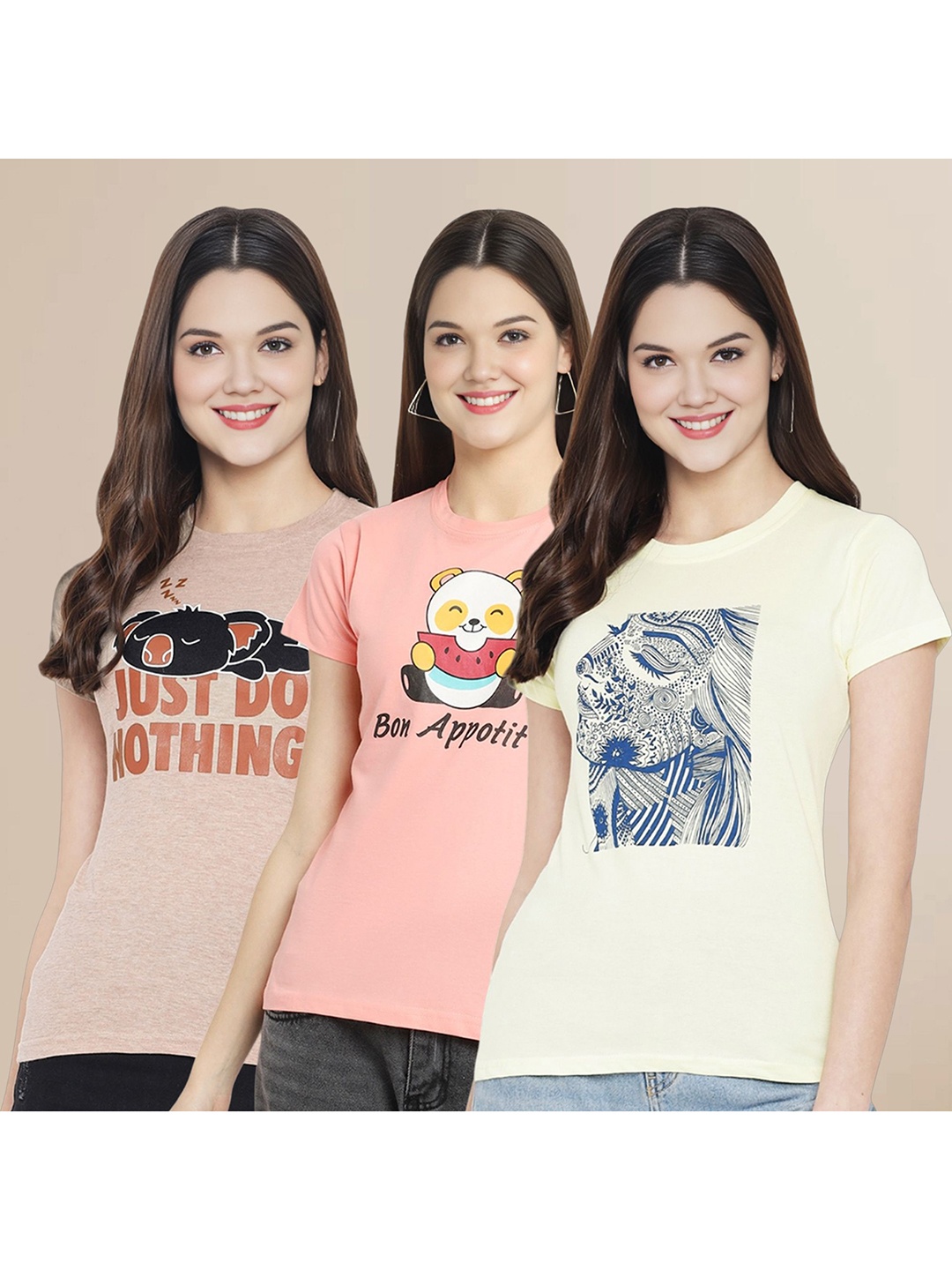 

Metronaut Women Pack Of 3 Typography Printed Round Neck Cotton T-shirts, Off white