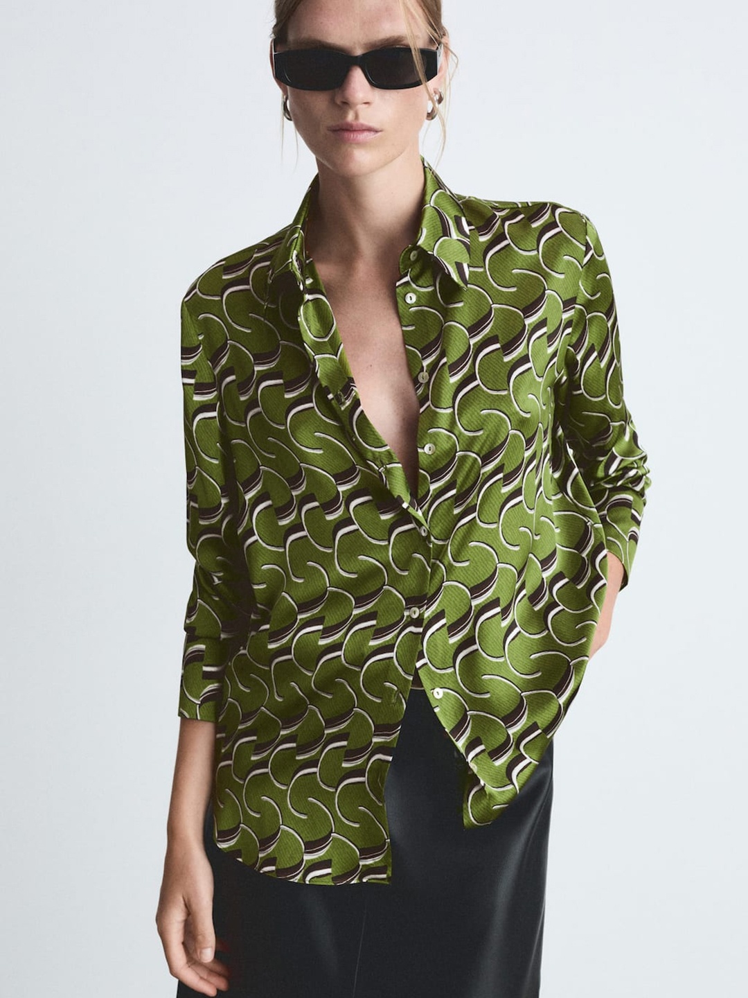 

MANGO Printed Satin-Finish Shirt, Green