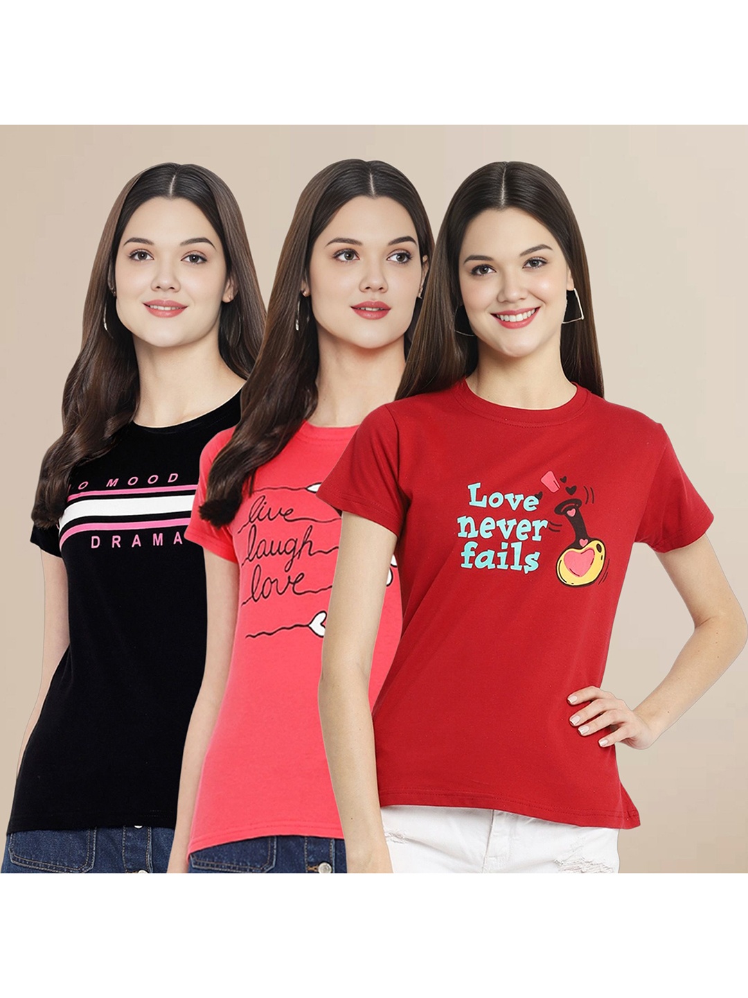 

Metronaut Women Pack Of 3 Typography Printed Round Neck Cotton T-shirts, Black