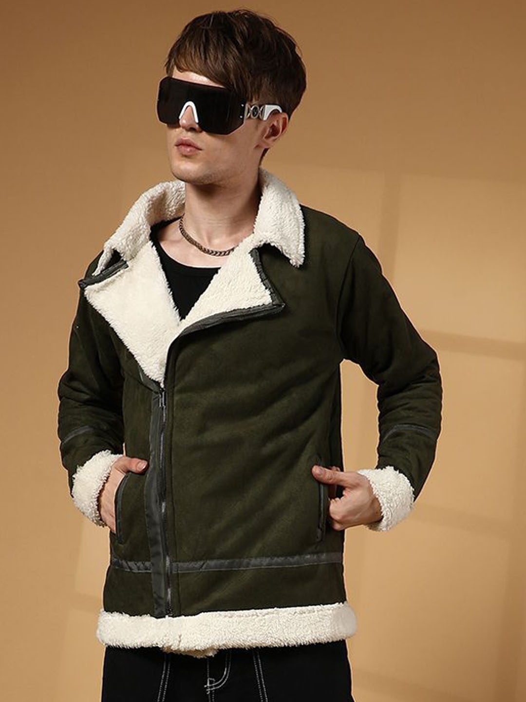 

Campus Sutra Men Lapel Collar Solid Casual Biker Jacket, Olive