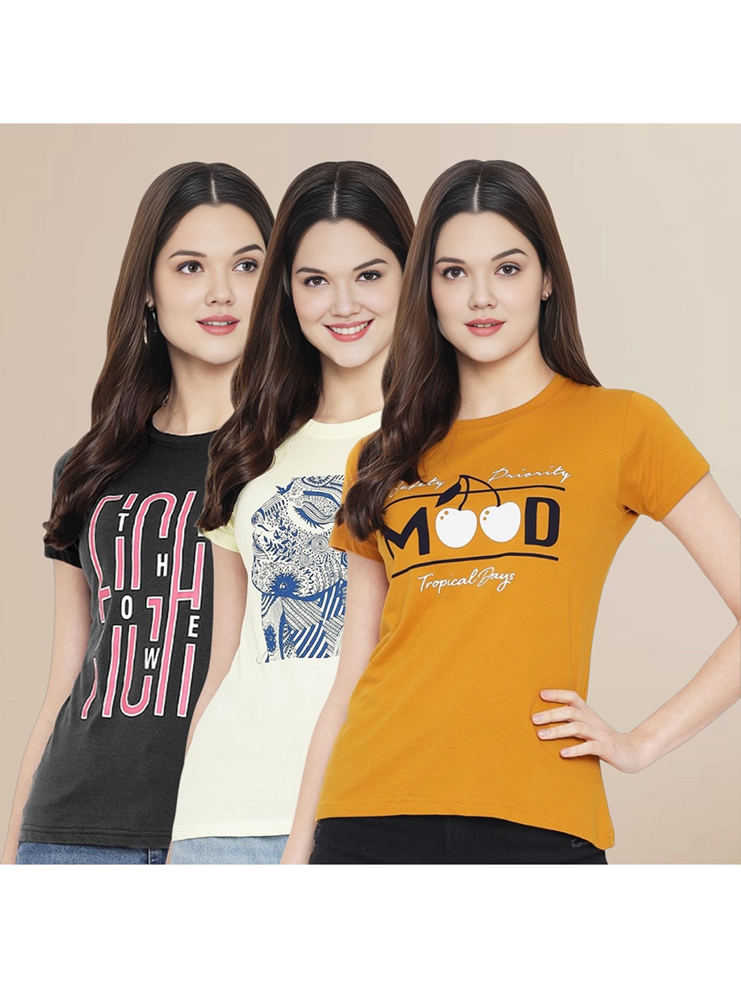 

Metronaut Women Pack Of 3 Typography Printed Round Neck Cotton T-shirts, Black