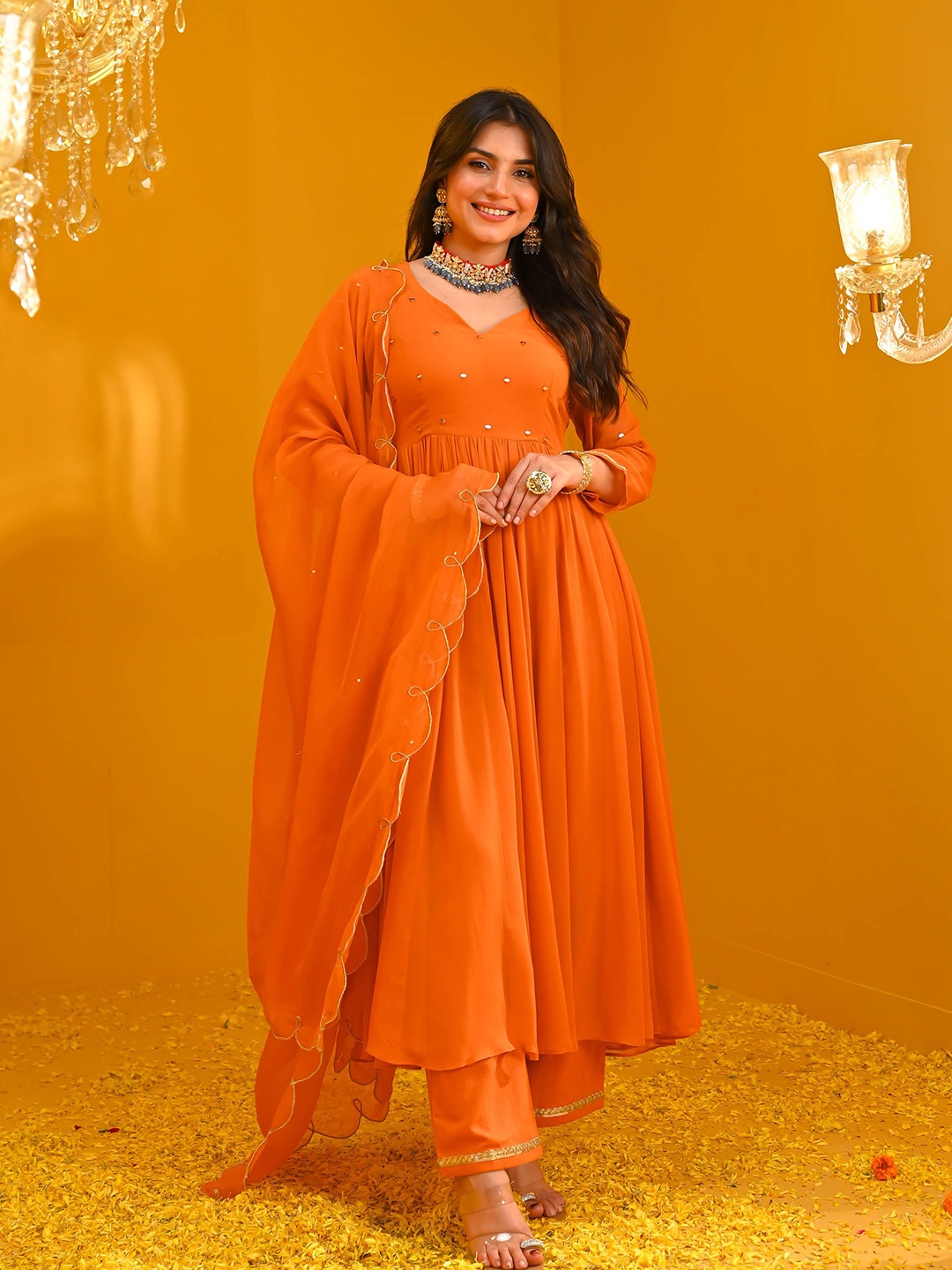 

Bunaai Floral Embroidered Mirror Work Georgette Anarkali Kurta With Trouser & Dupatta, Orange
