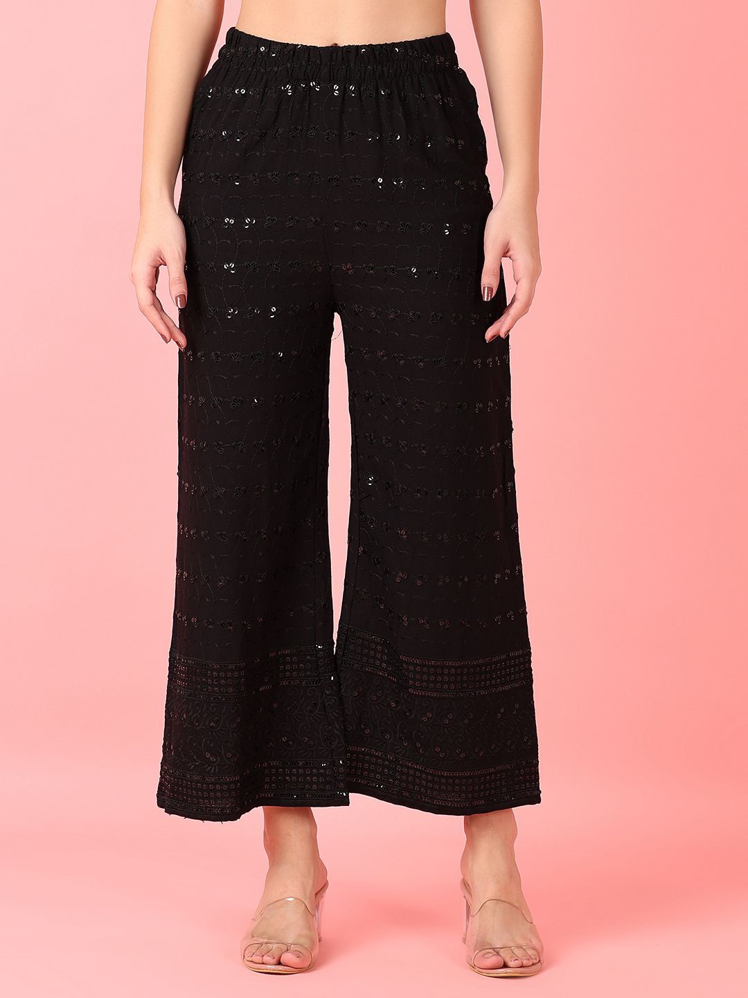 

V-Mart Women Knitted Ethnic Wide Leg Palazzos, Black