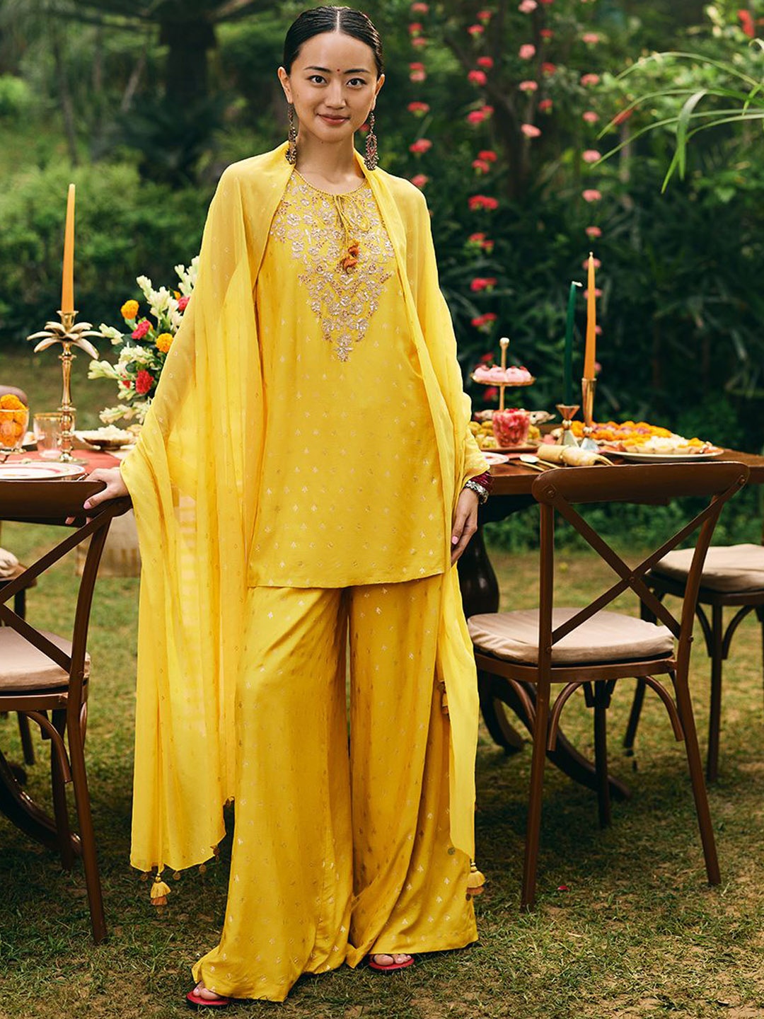 

Global Desi Floral Printed Round Neck Sequinned Straight Kurta With Trouser And Dupatta, Mustard