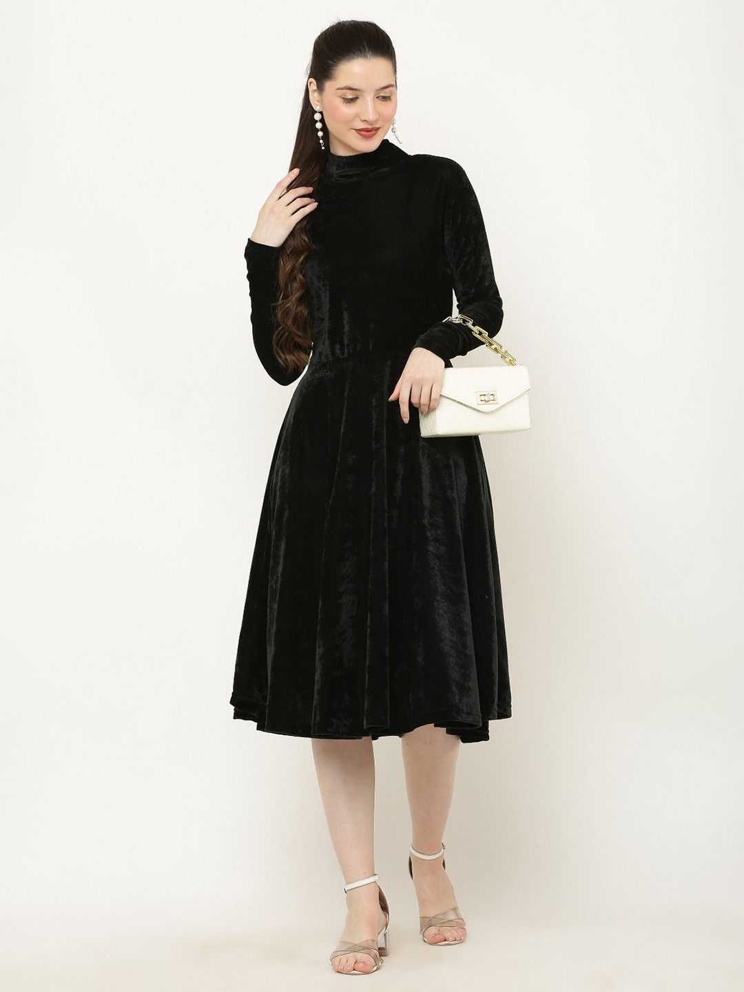 

VIVIENT Women High Neck Fit & Flare Knee Length Dress, Black