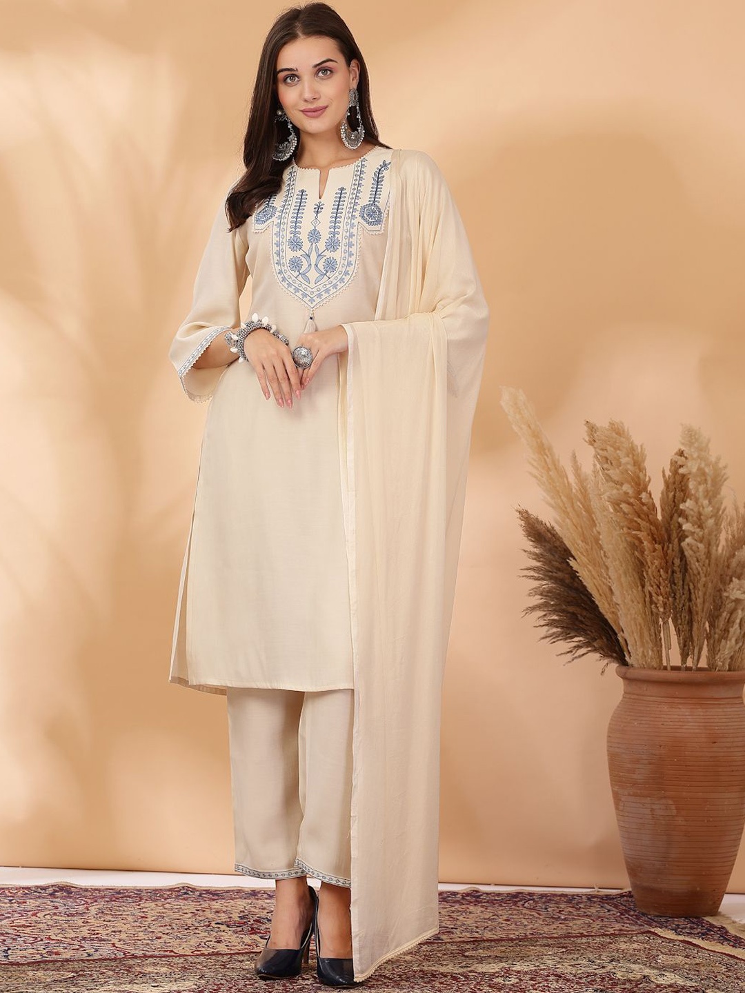 

Nayam By Lakshita Floral Embroidered Kurta With Palazzos & Dupatta, Off white