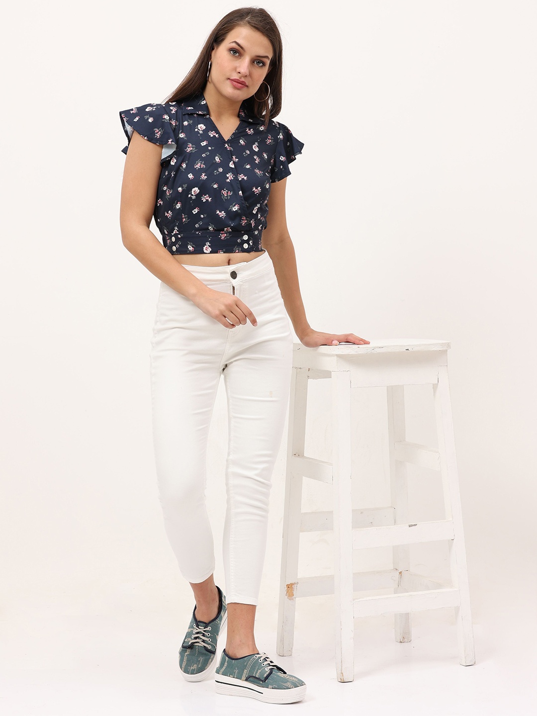 

URBAN POCHE Women Floral Printed Flutter Sleeve Shirt Style Crop Top, Navy blue