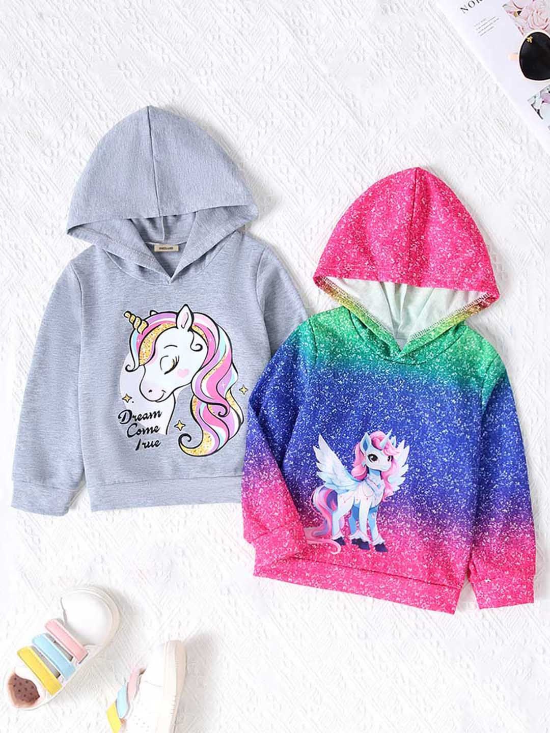

INCLUD Girls Pack of 2 Graphic Printed Hooded Sweatshirt, Multi