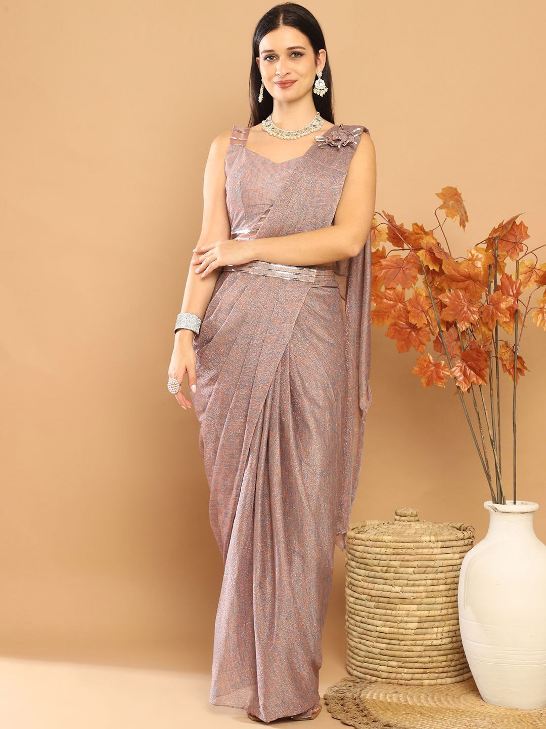

Mitera Applique Work Embellished Ready to Wear Saree, Mauve