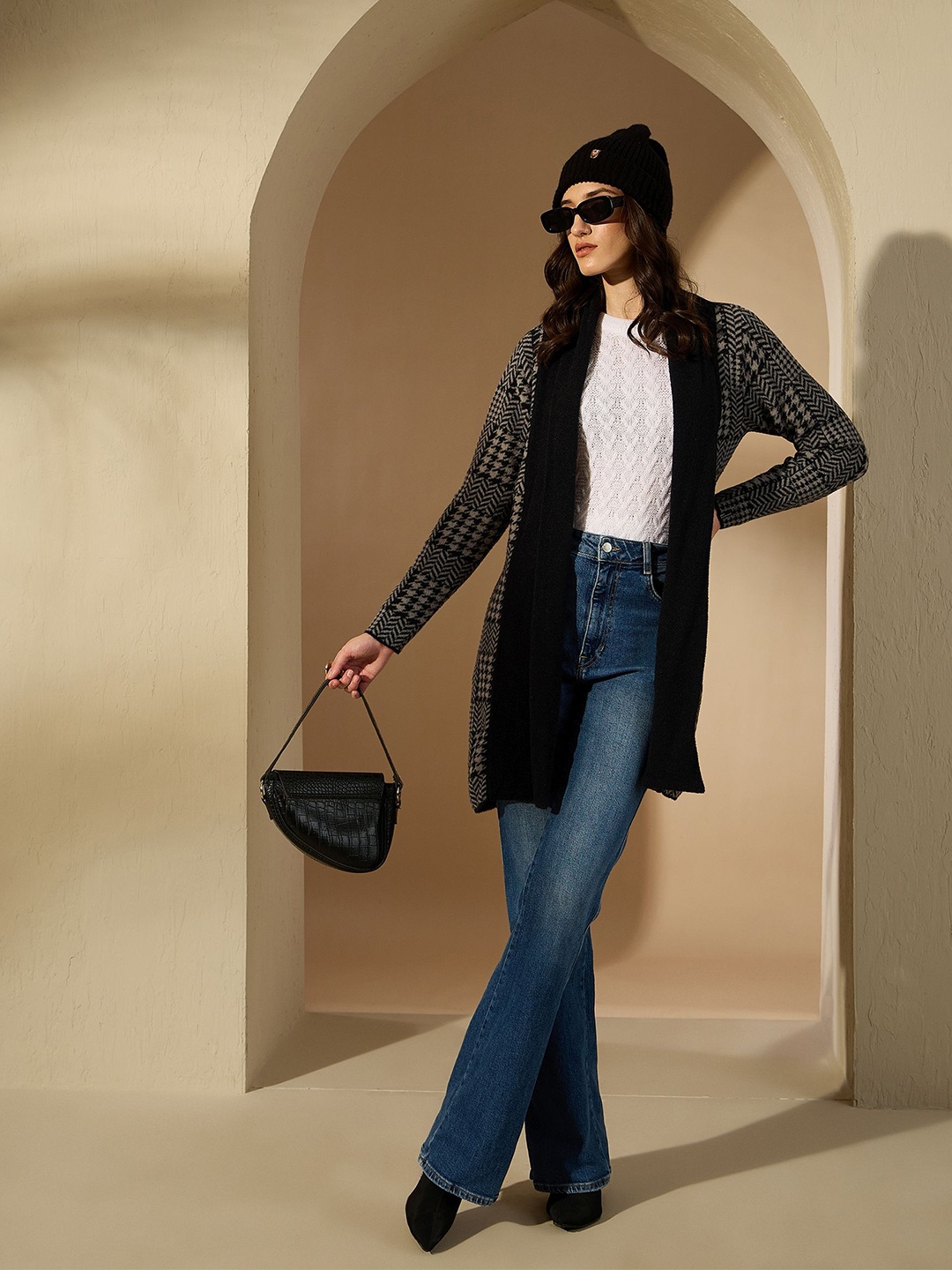 

CREATIVE LINE Geometric Self Design Longline Woollen Open Front Shrug, Black