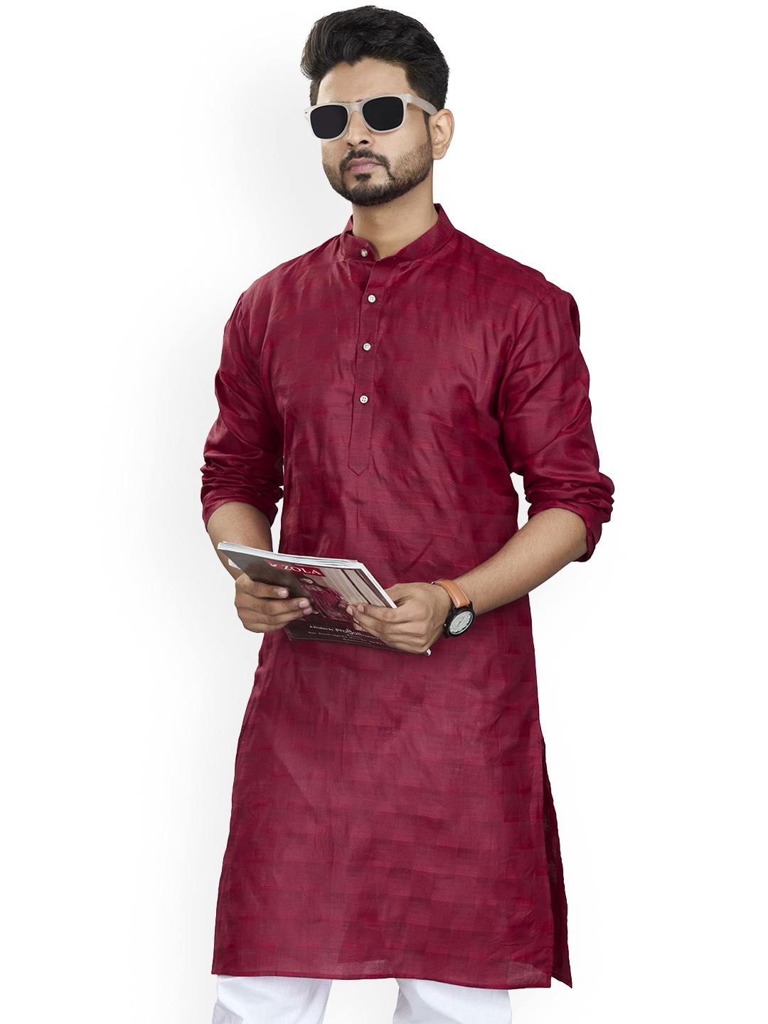 

Authentics Checked Band Collar Long Sleeves Regular Pure Cotton Straight Kurta, Red