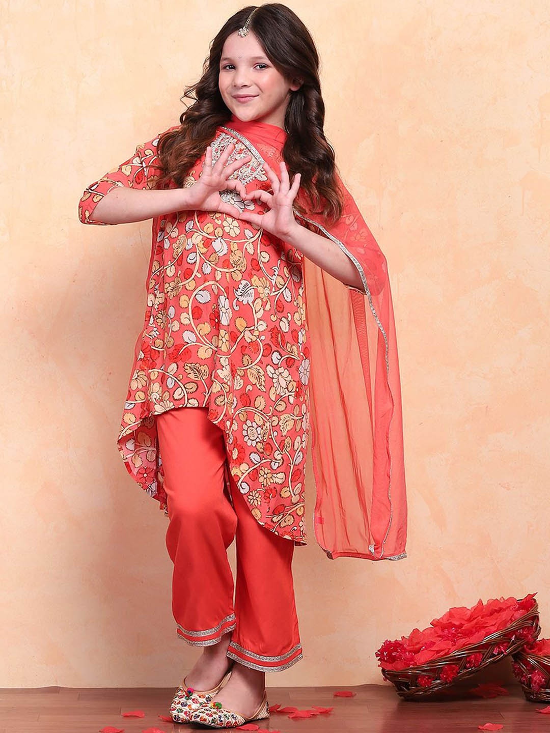 

Biba Girls Floral Printed Regular Thread Work A-Line Kurta With Trouser With Dupatta, Orange