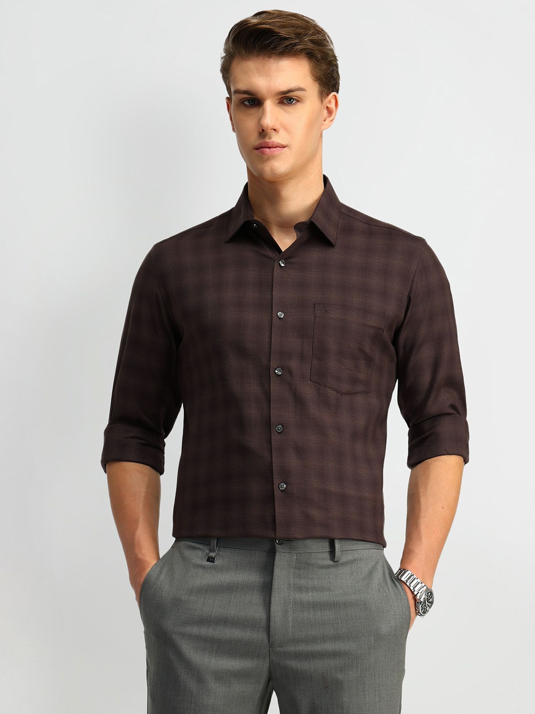 

Arrow Men Classic Spread Collar Checked Cotton Formal Shirt, Brown