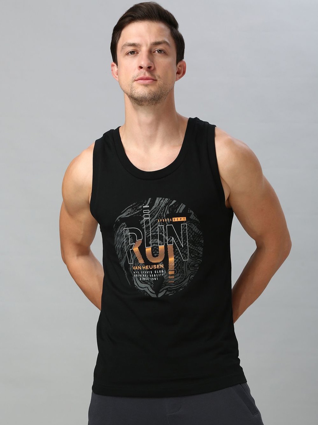 

Van Heusen Sport Men Printed Cotton Gym Innerwear Vest, Black