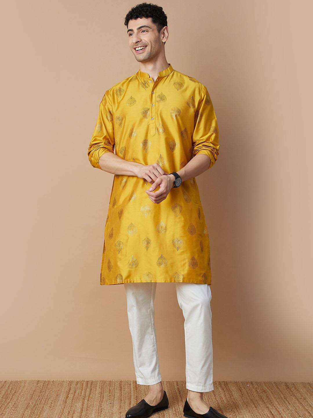 

Melange by Lifestyle Ethnic Motifs Printed Mandarin Collar Straight Kurta, Yellow