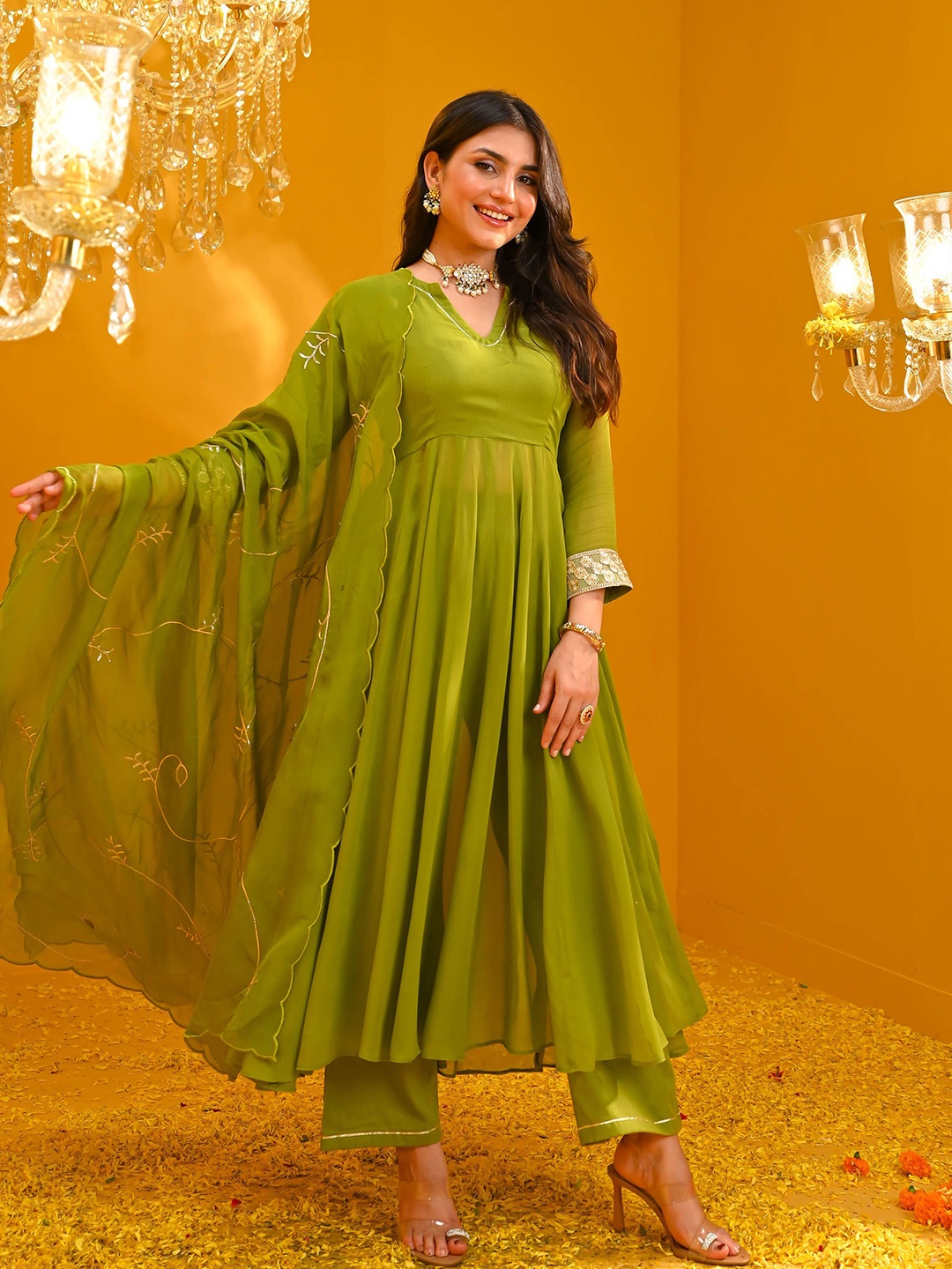 

Bunaai Gotta Patti Georgette Empire Anarkali Kurta With Trouser & Dupatta, Green