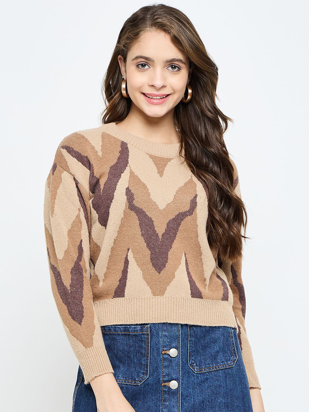 

CREATIVE LINE Women Extended Sleeves Woollen Self Desgin Knitted Top, Beige